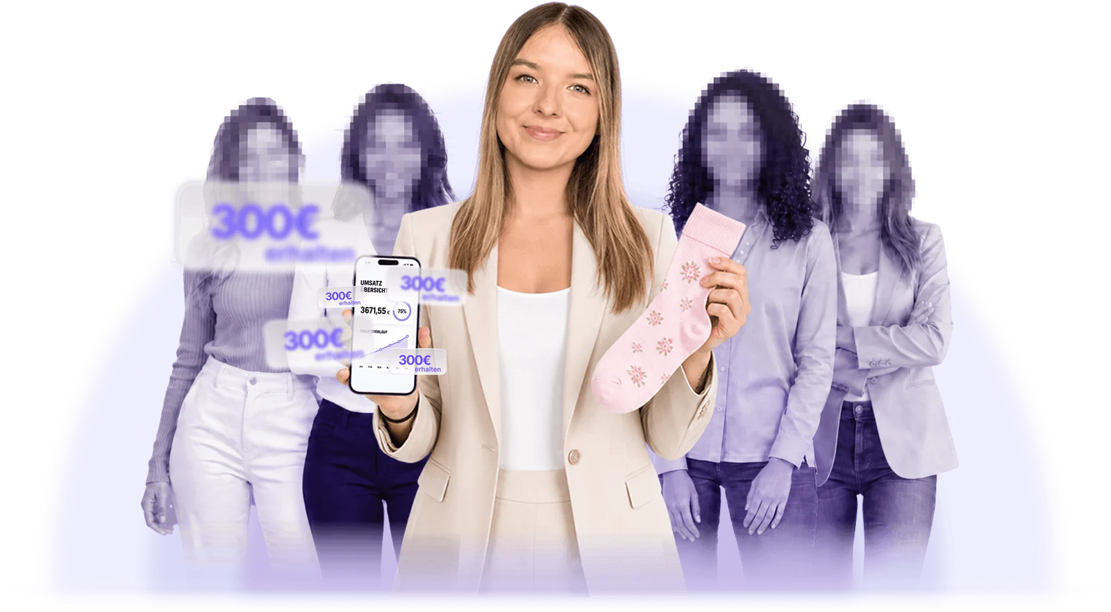 Jenni mit Handy und Socke, hinter ihr vier Frauen mit verpixelten Gesichtern